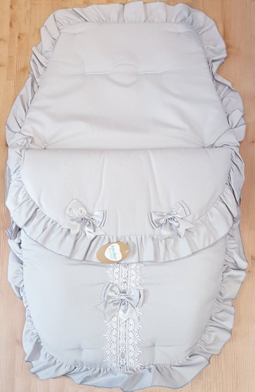 Grey ribbon slot Frilly 3in1 Footmuff, Liner and babynest