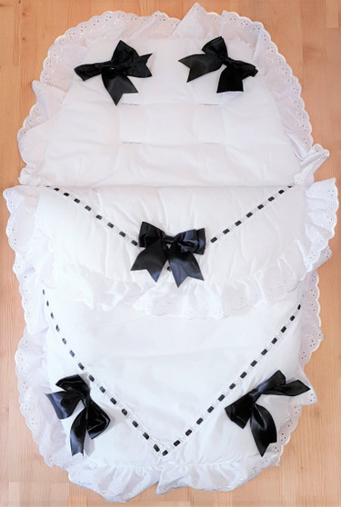 White with Black ribbon Frilly 3in1 Footmuff, Liner and babynest