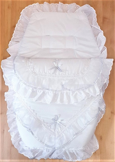 White with Silver ribbon and organza Frilly 3in1 Footmuff, Liner and babynest