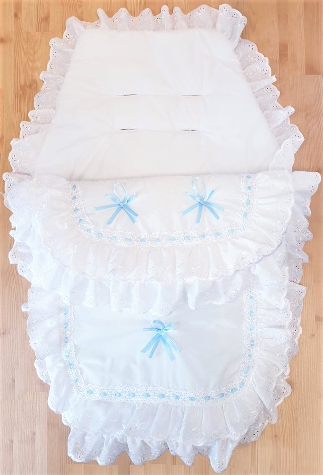 white and Blue ribbon frilly footmuff