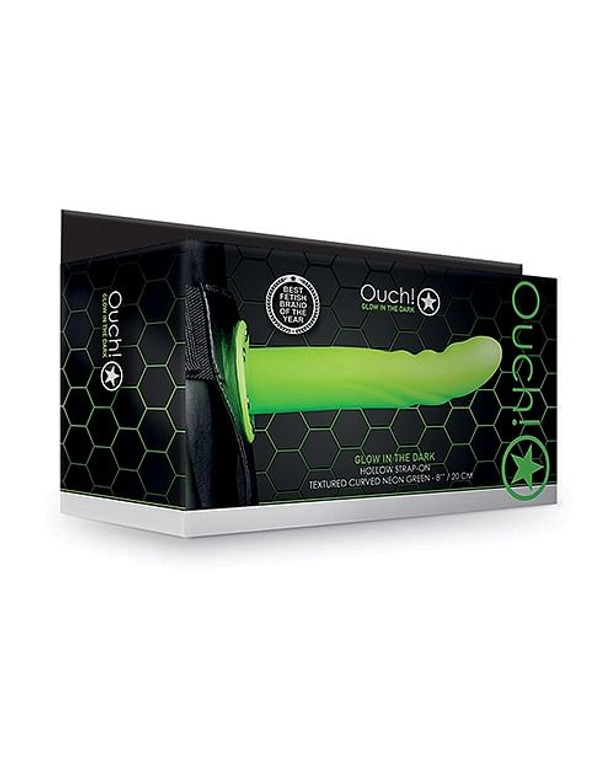 Shots Ouch 8" Textured Curved Hollow Strap On - Glow in the Dark