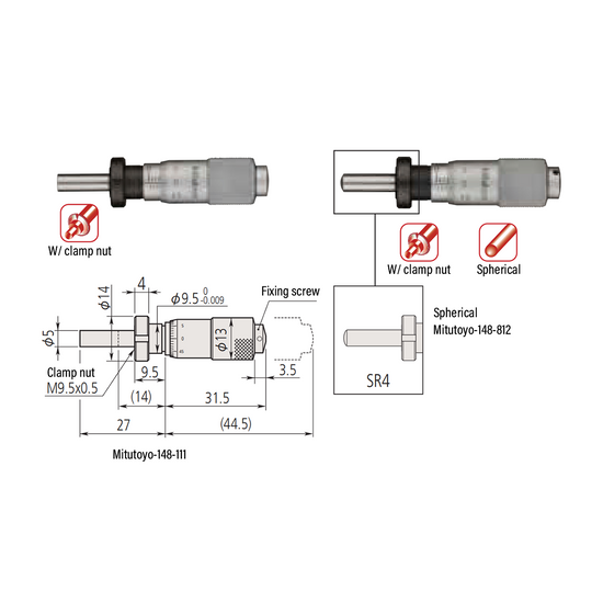 0-0.50″ Mechanical Micrometer Head Graduation 0.001″ 0.5" Spherical with Clamp Nut Mechanical Micrometer Head (Thimble Diameter: Dia. 13mm) Mitutoyo-148-812-10