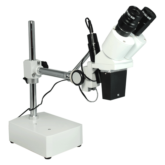 10X Widefield Stereo Microscope, Binocular, Single Arm Boom Stand with Arbor, Incandescent Top Light