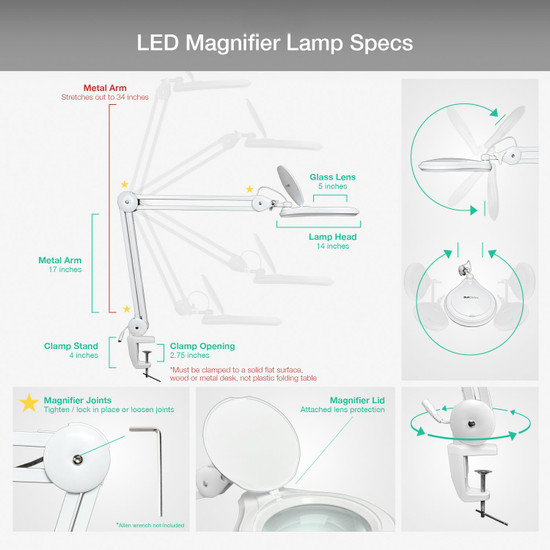 3 Diopter (1.75X) LED Magnifying Lamp with Clamp - 5-inch Glass Lens and Flip Cover