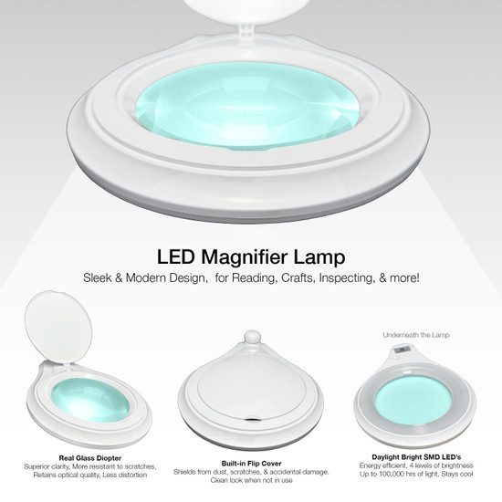 5 Diopter (2.25X) LED Magnifying Lamp with Clamp - 5-inch Glass Lens and Flip Cover