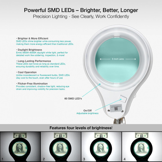 5 Diopter (2.25X) LED Magnifying Lamp with Clamp - 5-inch Glass Lens and Flip Cover