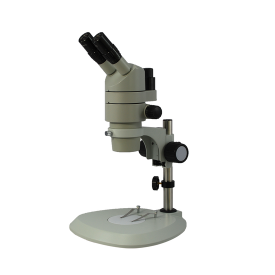 8X-80X Widefield Parallel Zoom Stereo Microscope, Trinocular, Post Stand, Compensating 45° Viewing Angle