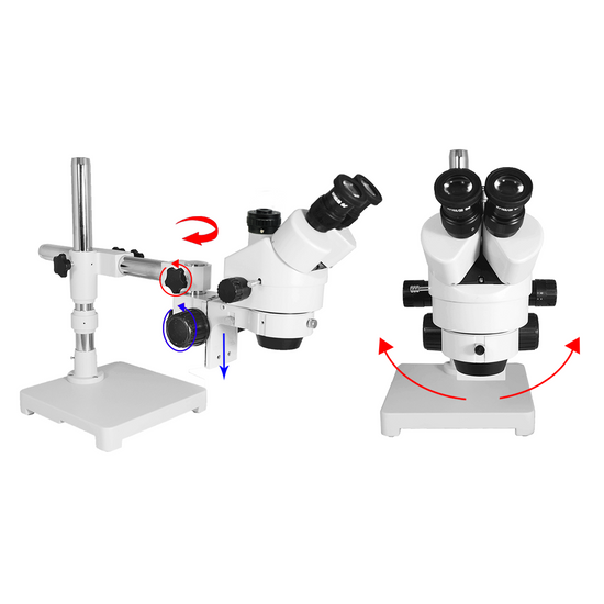 7X-45X Widefield Zoom Stereo Microscope, Trinocular, Single Arm Boom Stand with Arbor