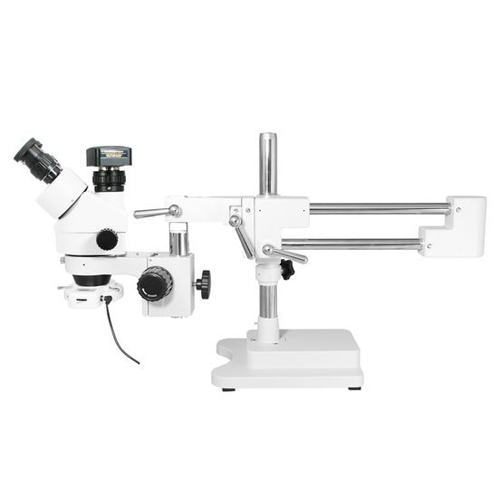 3.5X-45X Widefield Zoom Stereo Microscope, Trinocular, Double Arm Boom Stand, LED Light + 5M CMOS Digital Camera