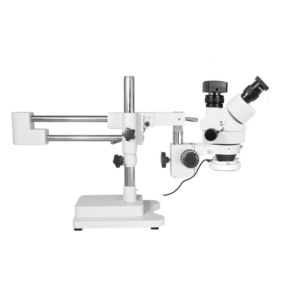 3.5X-45X Widefield Zoom Stereo Microscope, Trinocular, Double Arm Boom Stand, LED Light + 5M CMOS Digital Camera