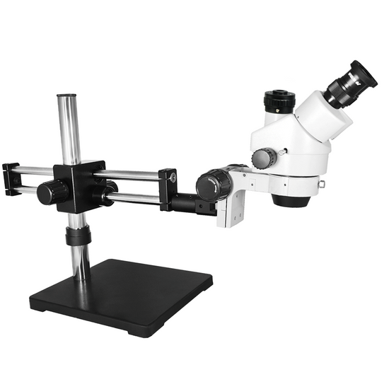 7X-45X Widefield Zoom Stereo Microscope, Trinocular, Double Arm Boom Stand (Siedentopf)