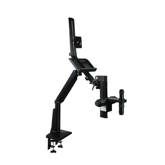 0.35X-2.25X Industrial Inspection Video Zoom Microscope, Pneumatic Arm Clamp Stand, Inclinable Focus Drive + Monitor Holder