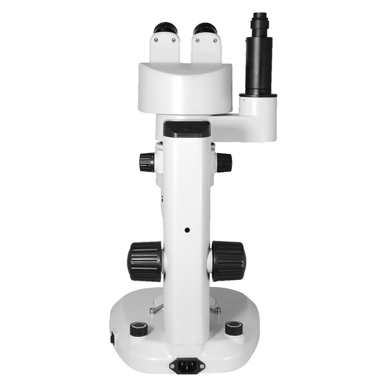 8X-65X Widefield Parallel Zoom Stereo Microscope, Trinocular, Track Stand + Single Port Photo/Video Beam Splitter, Siedentopf 0-35° Viewing Angle