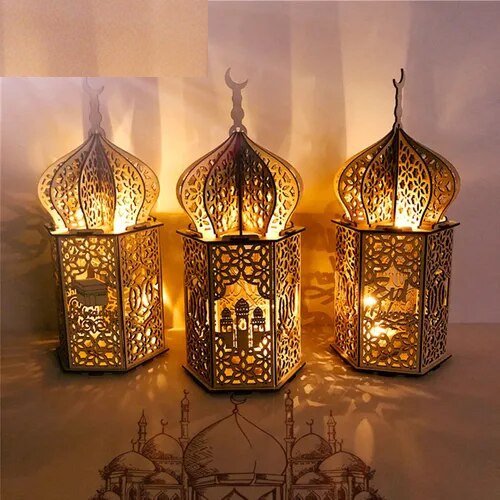 Wooden Lantern with LED Night Light, Eid Mubarak Home Decoration
