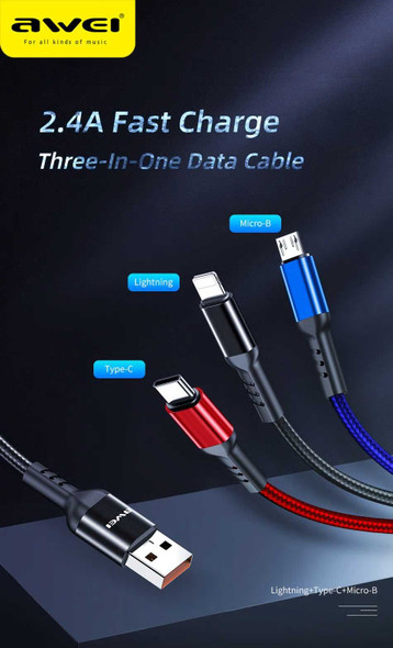 Awei 3 in 1 USB Fast Multi Charging Cable For Type C, Lightning And Micro Adapters & Cables