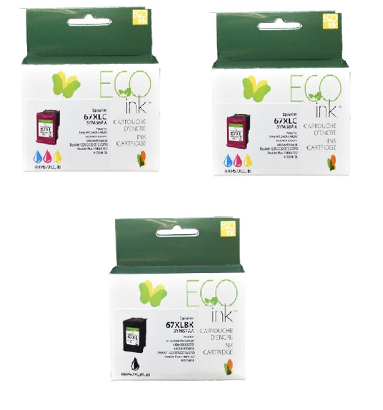 Compatible Combo Pack HP 67XL One Black & Two Tricolor Ink  Cartridge - Eco Ink
