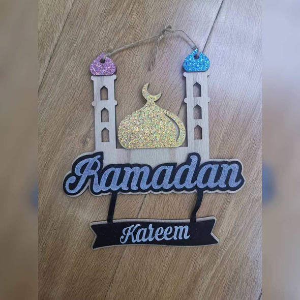 Wooden sign hanging, Elegant Woodcraft Ramadan Kareem Decorations.