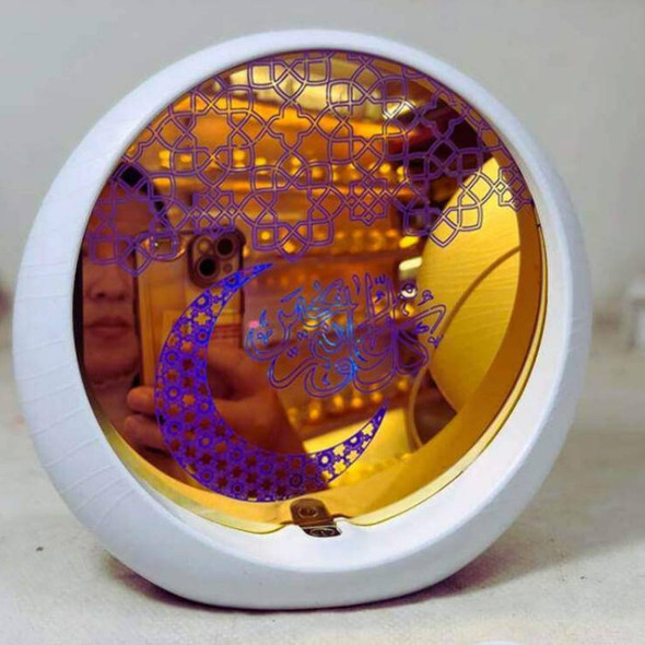 Gold mirror with crescent & mosque design, remote-controlled LED lighting for Ramadan decor.
