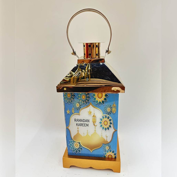 A small lantern with a gold frame and blue & white design - perfect for Ramadan celebrations.