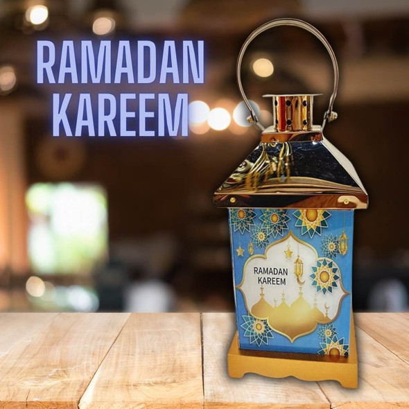 Enhance your Ramadan experience with our Muslim LED Lantern Lamp - a stunning blue and white design.