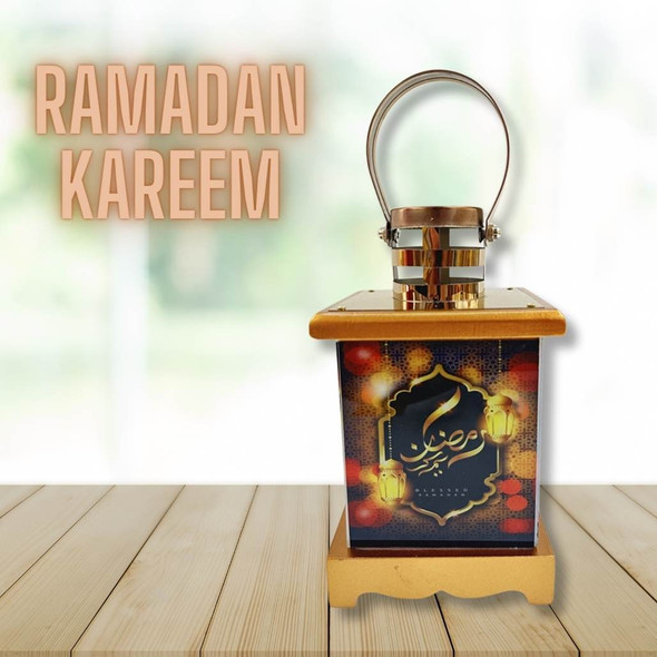 Illuminate your Ramadan celebrations with our Muslim LED Lantern Lamp featuring elegant Arabic writing.