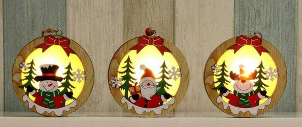 Led Christmas Luminous Decorative Hanging Tags Round Shape, Set of 3 Pcs (Snow Man + Santa + Elk)