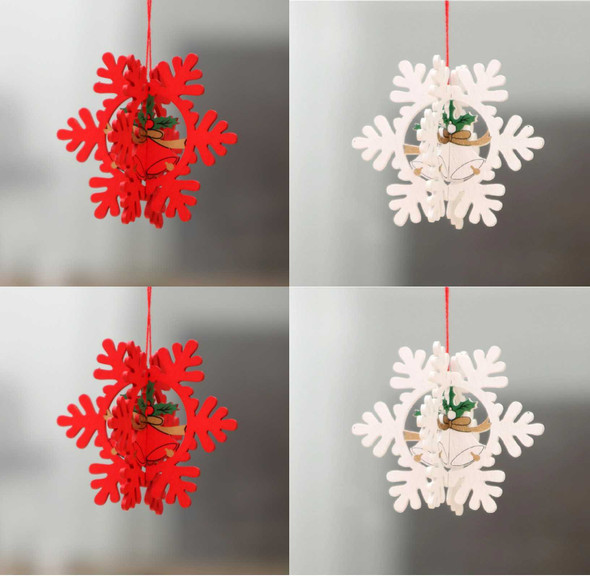 3D Christmas Wooden Pendant Hanging Tags, Snow Flake Set of 4 (2 Red + 2 White)