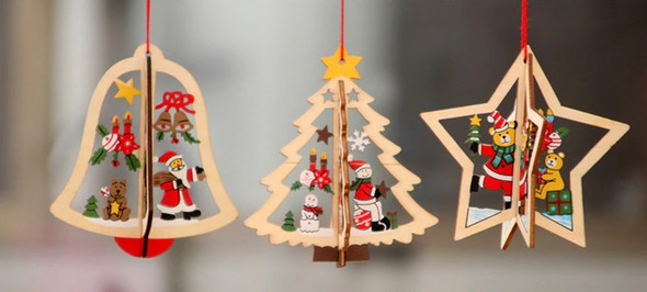 3D Christmas Wooden Pendant Hanging Tags, Set of 3 (Tree + Bell + Star)
