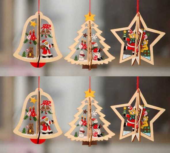 3D Christmas Wooden Pendant Hanging Tags, Set of 6 (2Tree + 2Bell + 2Star)