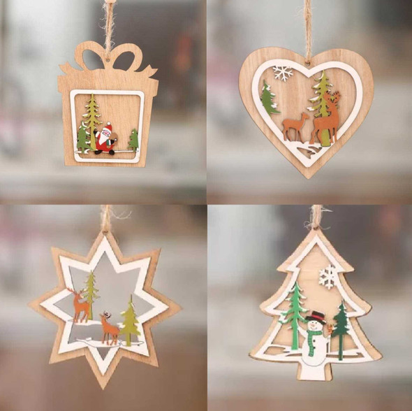 Christmas Wooden Pendant Hanging Tags, Set of 4 Pcs (Tree + Star + Heart + Present Box)