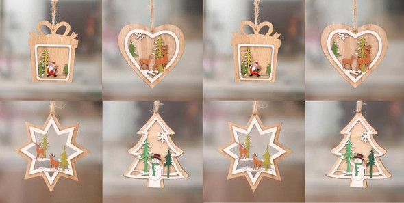 Christmas Wooden Pendant Hanging Tags, Set of 8 Pcs (2Tree + 2Star + 2Heart + 2Present Box)