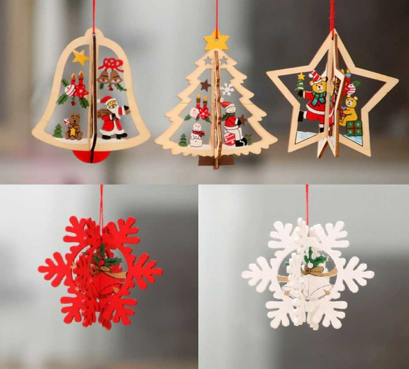 3D Christmas Wooden Pendant Hanging Tags, Set of 5 Pcs (Tree + Bell + Star + Red Snowflake + White Snowflake)