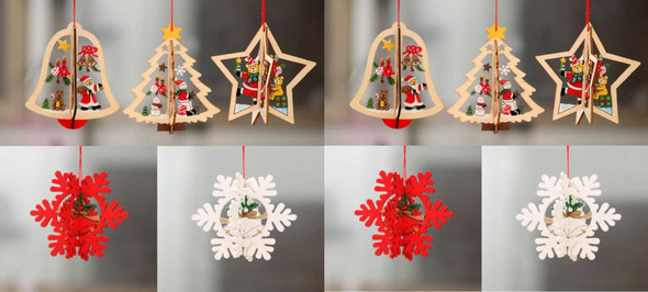 3D Christmas Wooden Pendant Hanging Tags, Set of 10 Pcs (2Tree + 2Bell + 2Star + 2Red Snowflake + 2White Snowflake)