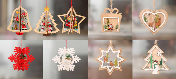 3D and regular Christmas Wooden Pendant Hanging Tags, Set of 9 Pcs (Tree + Bell + Star + Red Snowflake + White Snowflake + Tree + Heart + Present Box + Star)
