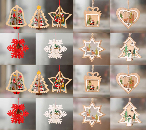 3D and regular Christmas Wooden Pendant Hanging Tags, Set of 18 Pcs (2Tree + 2Bell + 2Star + 2Red Snowflake + 2White Snowflake + 2Tree + 2Heart + 2Present Box + 2Star)