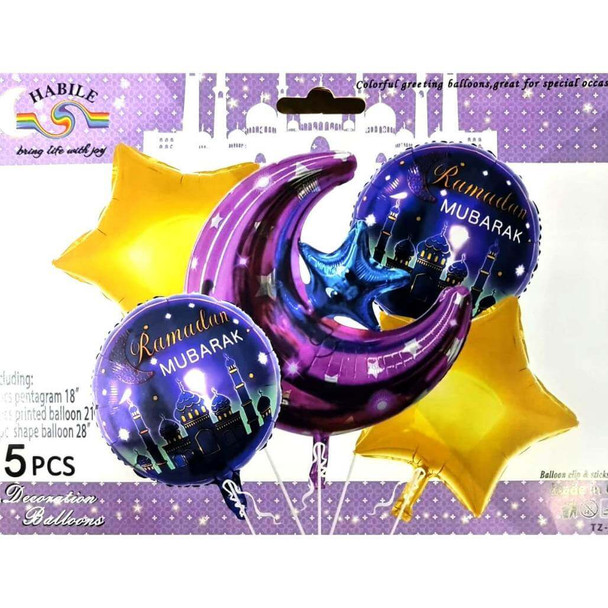 Ramadan Foil balloons 2 Eid Mubarak balloon, 1 crescent moons, and 2 stars
