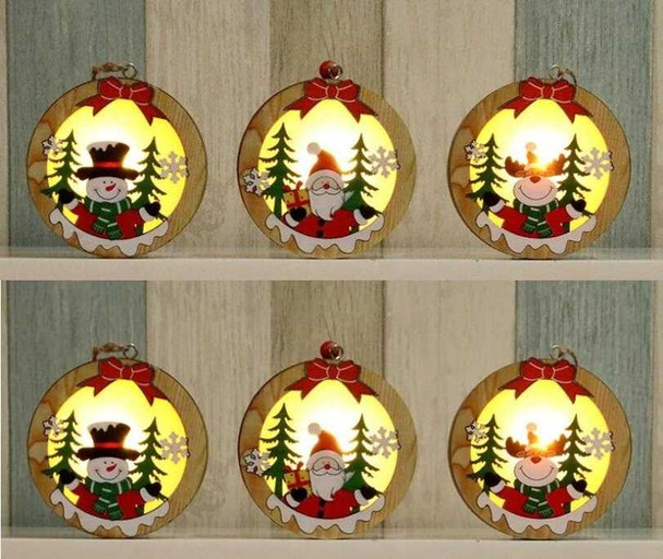 Led Christmas Luminous Decorative Hanging Tags Round Shape, Set of 6 Pcs (2Snow Man + 2Santa + 2Elk)