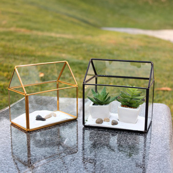 GET1406BK Black House Geometric Glass Terrarium. 6"H - (8 pcs)