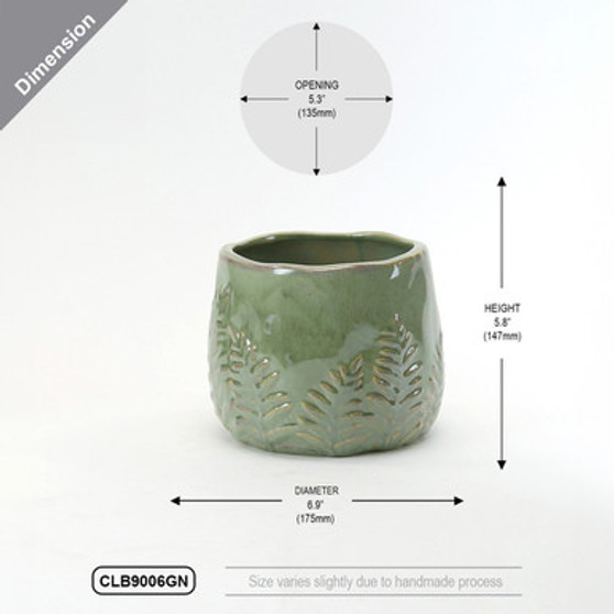 CLB9006GN - Large Green Reactive Glazed Bowl with Fern Print - 6.9" W x 5.8" H (8 pcs/case)