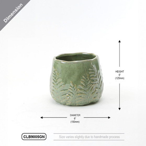 CLB9005GN - Medium Green Reactive Glazed Bowl with Fern Print - 6" W x 5" H (12 pcs/case)