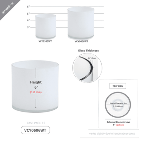 VCY0606WT - White Glass Cylinder Vase - 6" x 6"