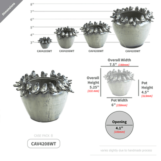 CAV4208WT - Large Ceramic Gathering Bird Pot - 6" W x 5.5" H (8 pcs/case)
