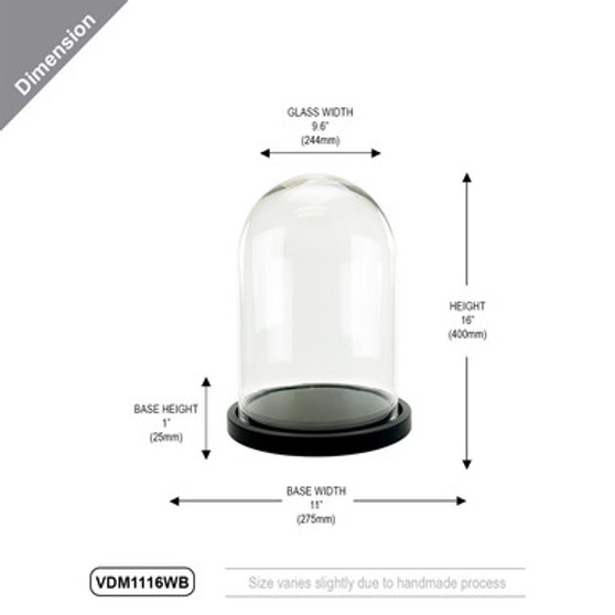 VDM1116WB - Medium Glass Dome Cloche with Black Wood Base - 16"