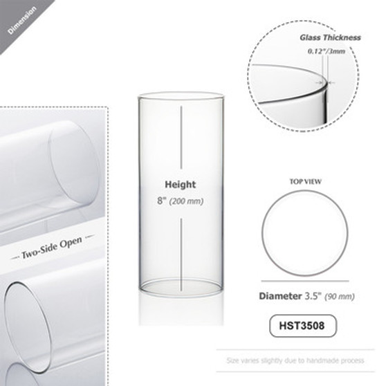 HST3508 - Clear Hurricane Candle Shade Chimney Tube (NO Bottom) -  3.5" x 8" (24 pcs/case) HST3508 - Clear Hurricane Candle Shade Chimney Tube (NO Bottom) -  3.5" x 8" (24 pcs/case)