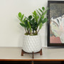 CFB2706WT - White Mid Mod Geometric Vase with Wooden Stand - 5" CFB2706WT - White Mid Mod Geometric Vase with Wooden Stand - 5"