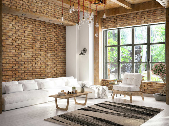Mocha color brick in our Old Chicago Faux Brick wall panels used in this living room setting.