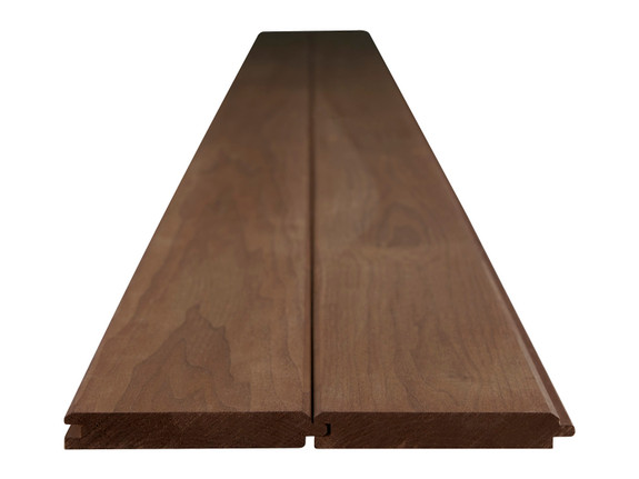 Two thermal poplar tongue and groove planks with a v-groove joint-thumb