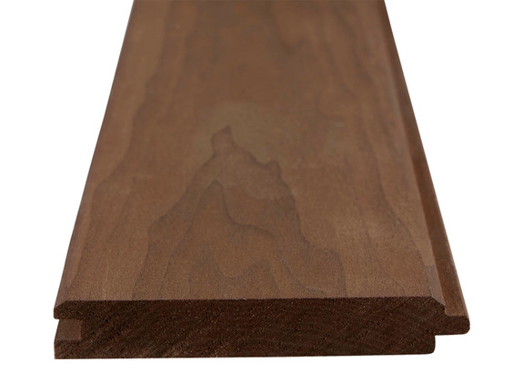 Thermally treated poplar tongue and groove plank showing the grain on the face of the plank as well as the grain on the cut end. V-groove side is facing up.-thumb