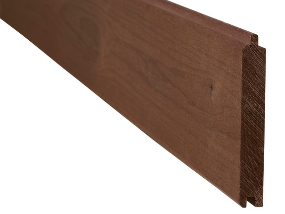 Thermally treated poplar tongue and groove plank showing the tongue side of the plank-thumb
