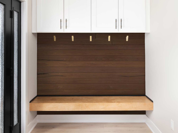 Thermal poplar solid wood tongue and groove wall paneling installed in a mudroom-thumb